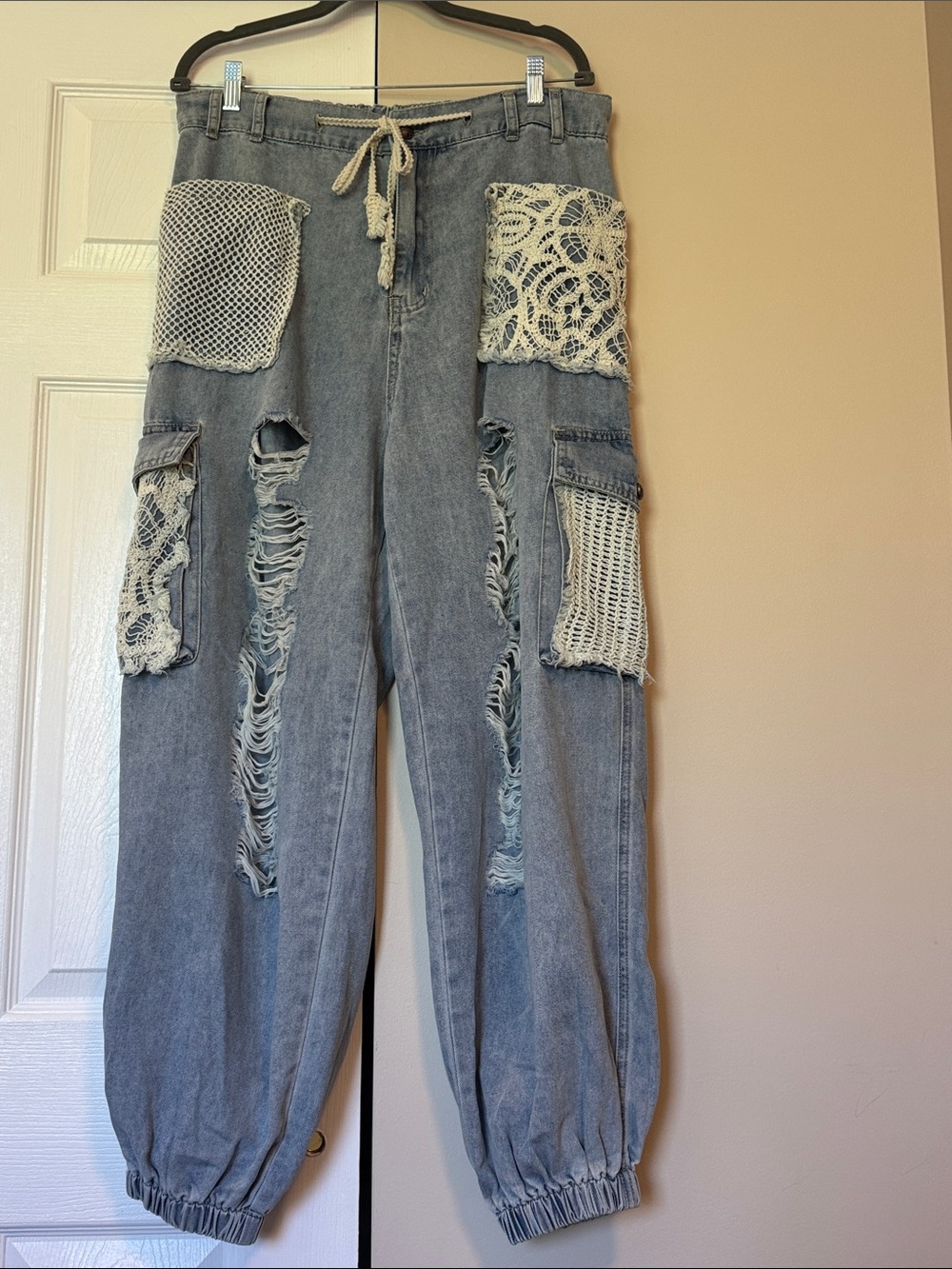 POL Light Blue Distressed Patchwork Cargo Pants